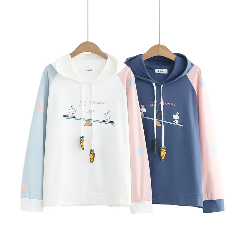 2021 новая весенняя тонкая Толстовка Harajuku Kawaii Кролик качели с вышитым принтом