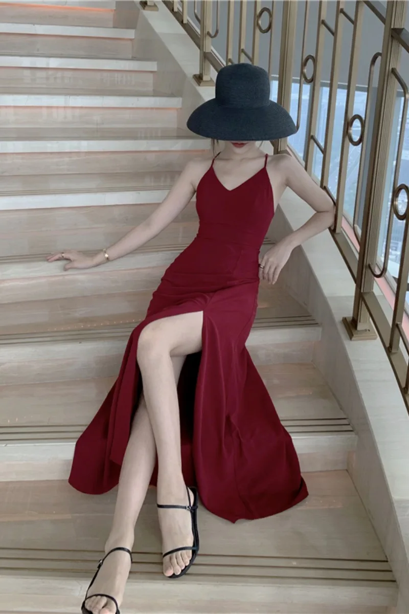 

Dresses for Women Summer Holiday Sexy Slimming Backless Strap Dress Women's Summer Split Long Dress Dress Dress