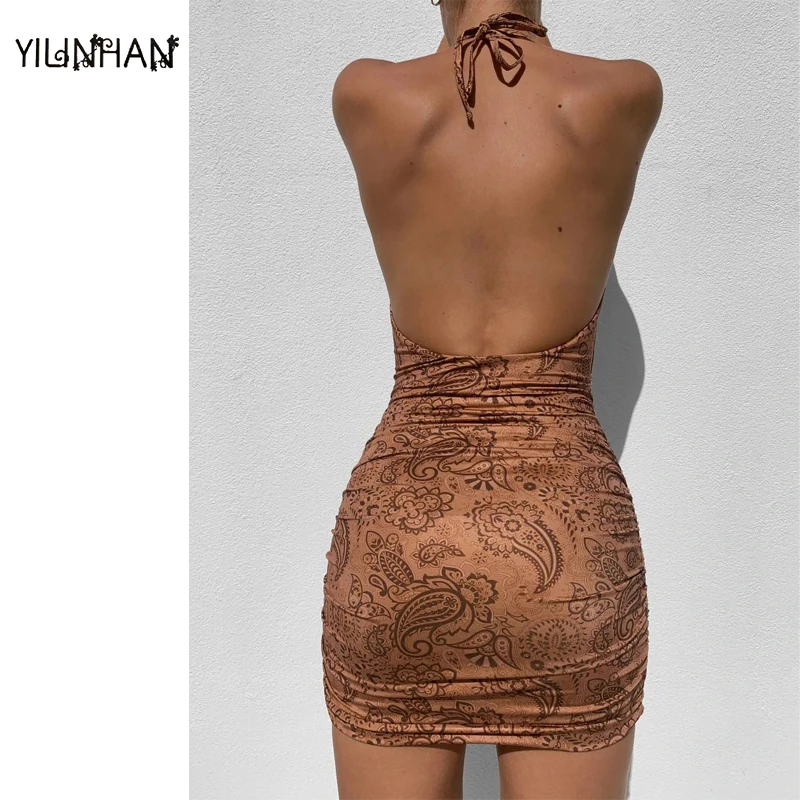 

YILINHAN Fashion Print Summer Halter Sexy Backless Mini Dresses Elegant Cut-Out Sundress Holiday Sleeveless Ruched Dress