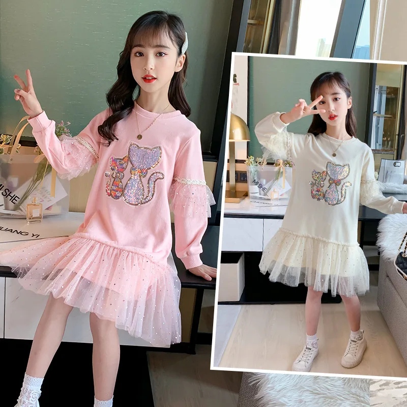 

Fashion 2021 Kids Girls Dress Long Sleeve Lace Clothes Spring Autumn Teenage Cartoon Sequin Cat Dresses Toddler Baby Sweatshirts