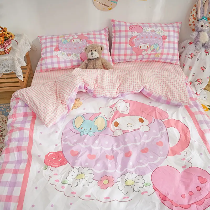 Kawaii Cartoon Sanrios Mymelody Cinnamoroll (Pillowcase*sheet*quilt Cover)Anime Soft Student Dormitory Bedroom 4Piece Set