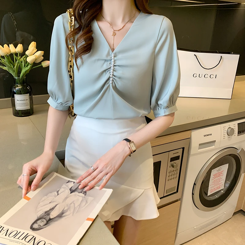 

Blouse Women Blouses Short Sleeve White Blouse Tops Women Blusas Mujer De Moda 2021 Beading V-Neck Chiffon Blouse Shirt Top E894