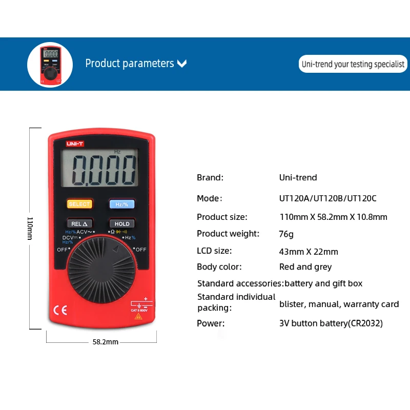 Цифровой мультиметр UT120A/UT120B/UT120C карманный размер автоматическое отключение Авто диапазон 4000 дисплей для DIYers и инженеров