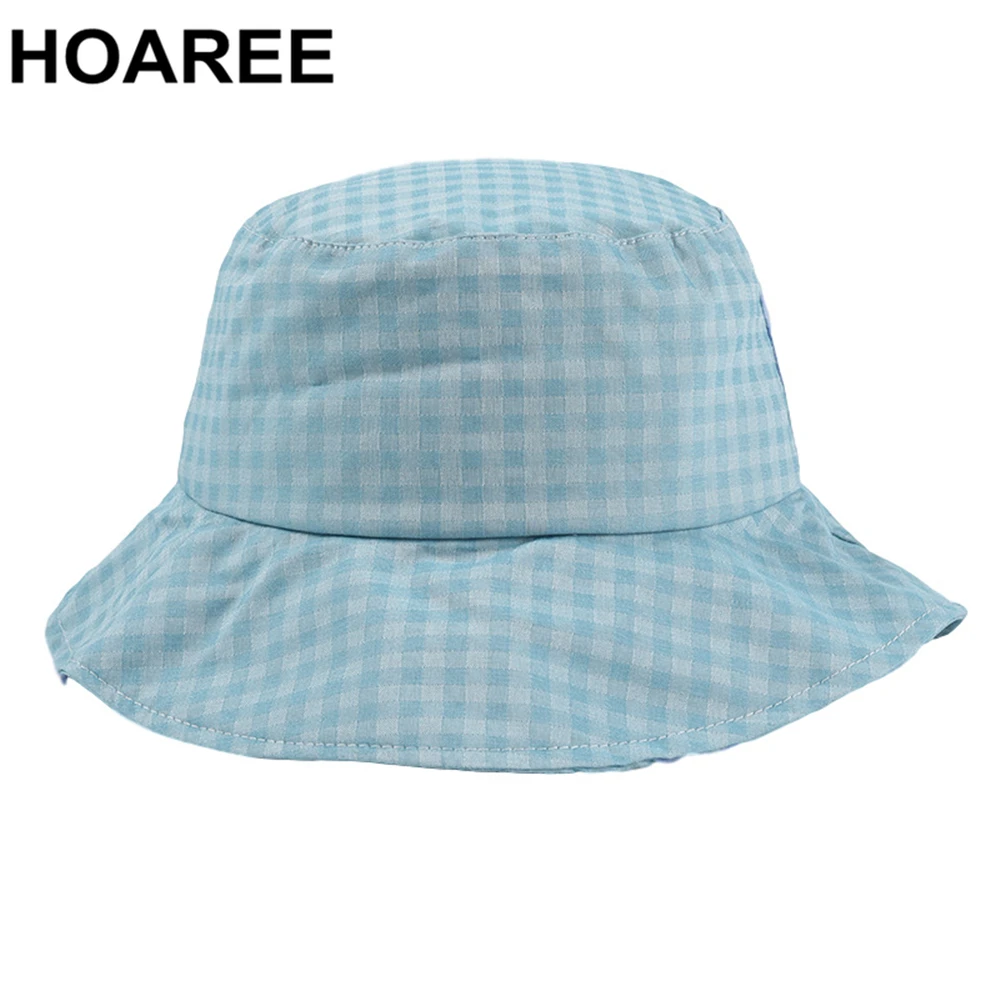 

HOAREE Harajuku Cotton Fishing Hat Floppy Bucket Hat Womens Plaid 2021 New Brand Summer Sun Protection Ladies Wide Brim Hat