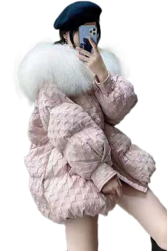 Down Jacket New Women's Winter Fashion Mid-Length White Duck down White Big Fur Collar Counter Short Western Style