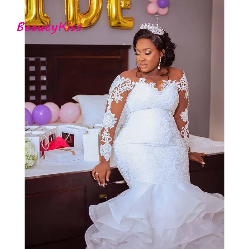 

Роскошное блестящее арабское кружевное свадебное платье с длинным рукавом, винтажное сексуальное свадебное платье русалки 2021