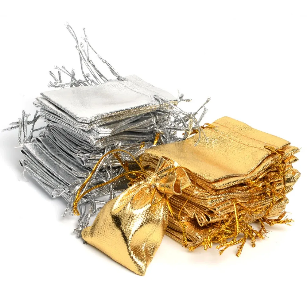

50Pcs/lot 7x9cm 9x12cm Gold Silver Color Adjustable Jewelry Packing Bags For Party Candy Drawstring Wedding Gift Bags