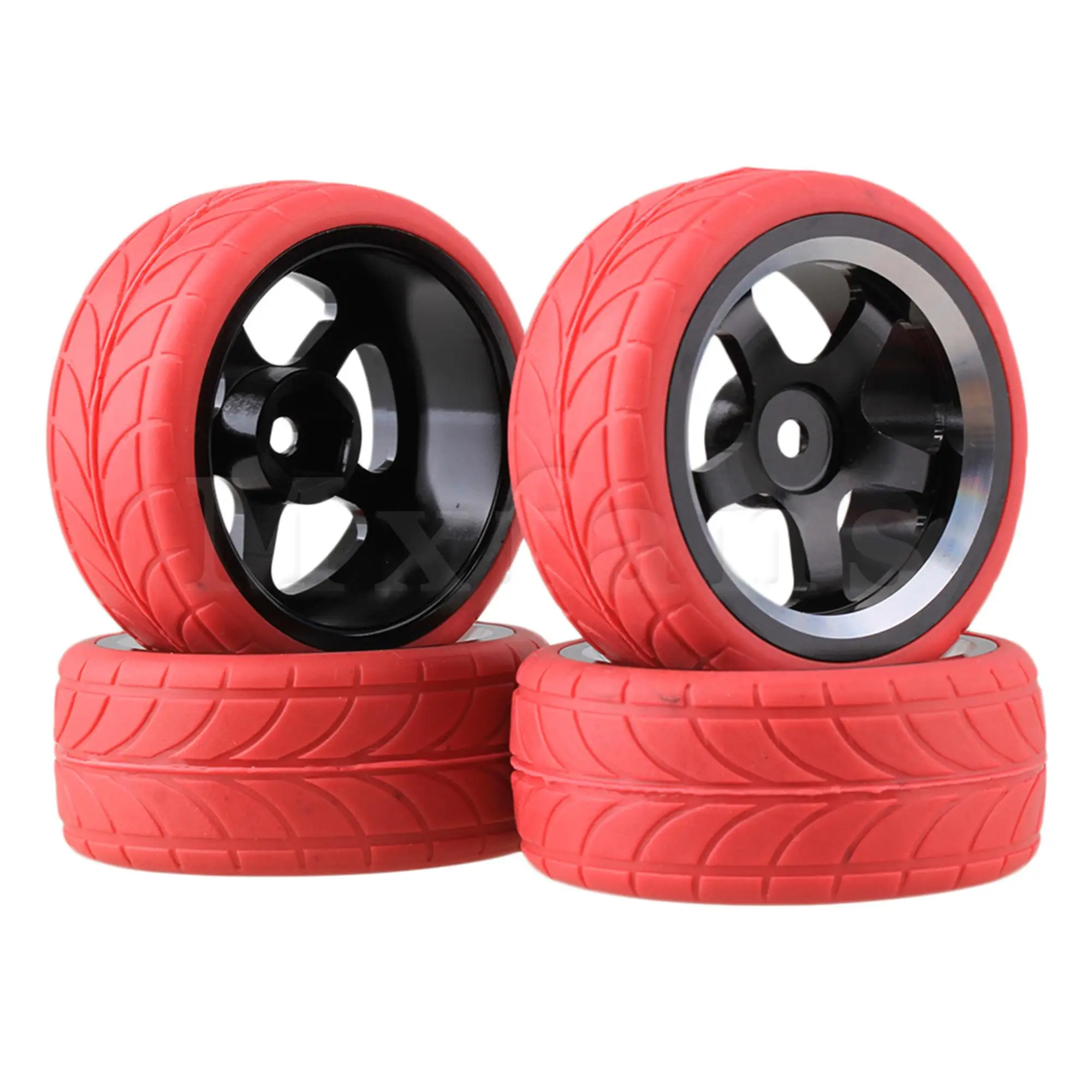 

4PCS Black Aluminum Alloy RC1:10 5-Spokes Wheel Rims & Red Arrow Pattern Rubber Wheel Tires for On-Road Car
