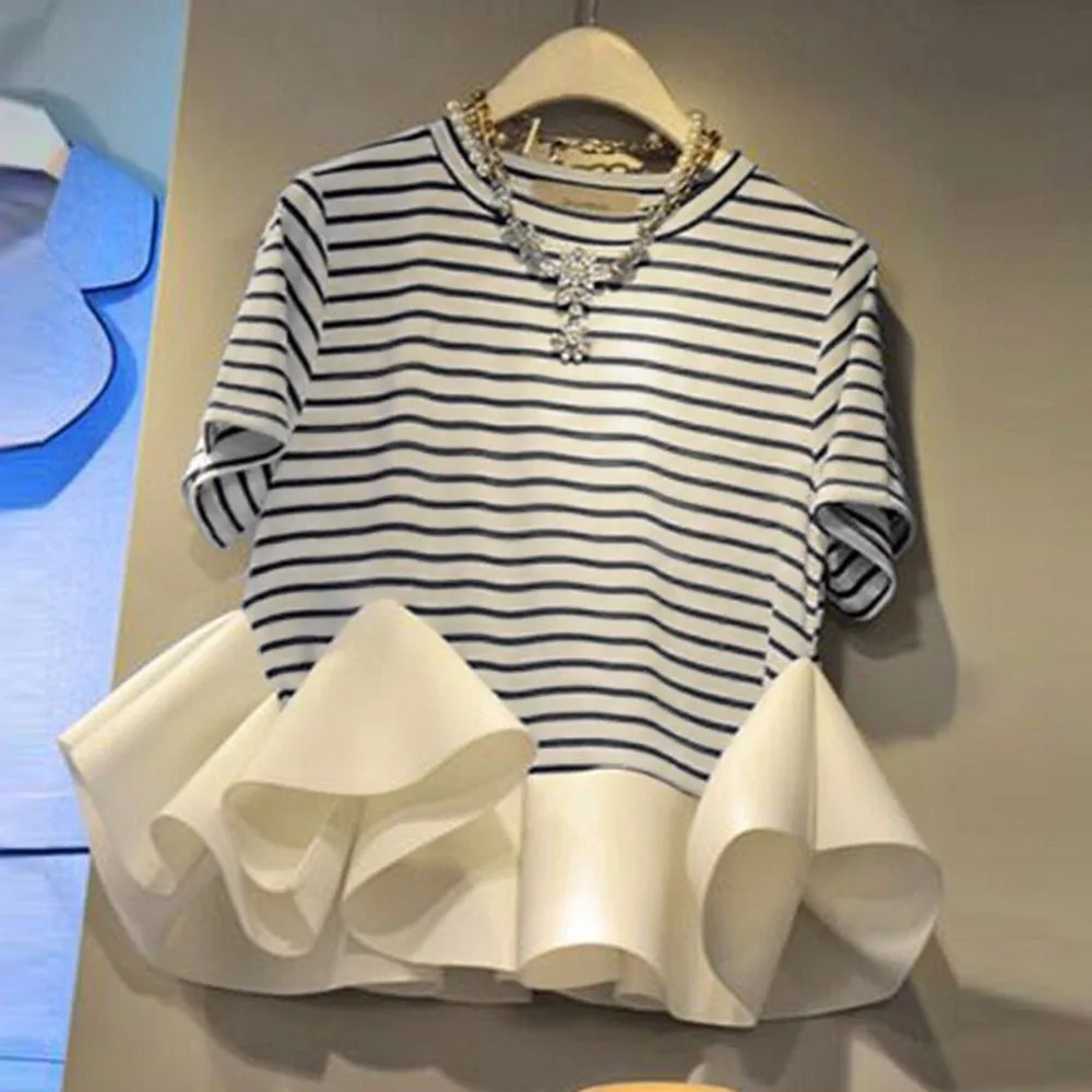 

Casual Striped Women T-shirts Fashion Tops Summer Short Sleeve 2021 Janpan Style Ruffle Tee Round Neck Female T-shirts Tee Tops
