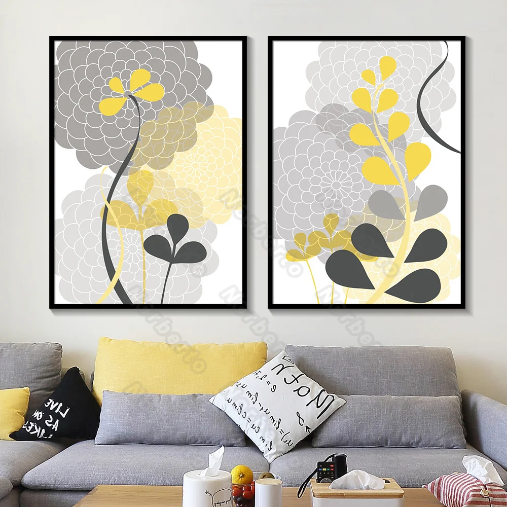 

Watercolor Painting Picture Canvas Painting and Posters a Bunch of Flowers with Light Grey and Yellow for Home Rooms Decoration
