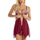 Сексуальное женское белье с застежкой спереди, комбинация, кружевная, с V-образным вырезом, сетчатая Пижама