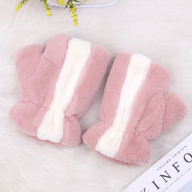 Женские зимние теплые вязаные плюшевые Утепленные перчатки в белую полоску с