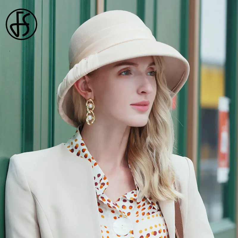 

FS Vintage 2020 NEW Winter Hats For Women Wool Felt Wide Brim Fedoras Elegant Bowler Black Pink Cloche Church Sombreros De Mujer