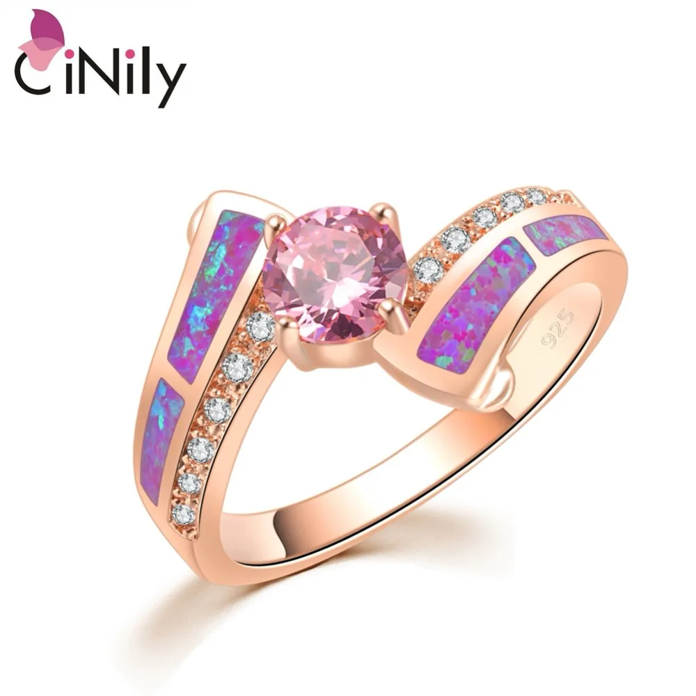 CiNily Timeless Violet Purple Fire Opal Rings Rose Gold Color Pink Cubic Zirconia Crystal Round Stone Classic Jewelry Women Girl
