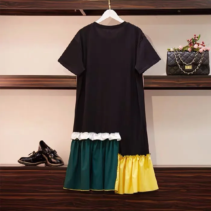

Oversized dress European style women hit color fashion girl cartoon print tassel loose Cotton t shirt dresses