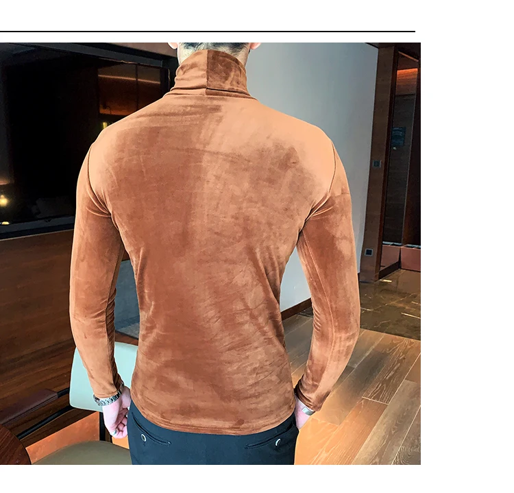 Азиатский размер Slim Fit стрейч бархат водолазка Мужская футболка с длинным рукавом осенние вечерние Нежные мужские