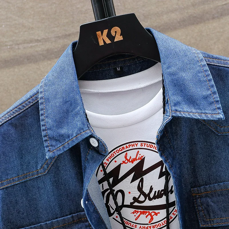 

Loldeal Men Blue Denim Shirt Short Sleeve New Style Pocket Decoration Casual