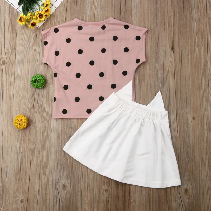 Fashion Toddler Baby Bibs Girls Cute Soft Cotton Outfit Dot T-shirt Tops + Cat Skirt Summer 2Pcs Children Clothes Set | Детская одежда