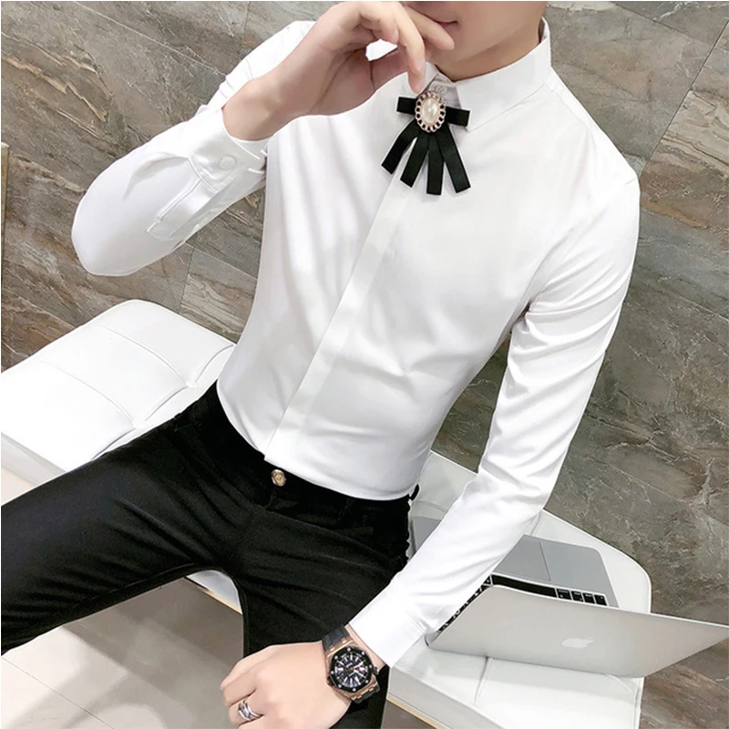 

2021 Loldeal MenPlus Size Front Fake Belt Ceremony Social Shirts Dress Shirts Slim Fit Black White Long Sleeve Casual Shirt