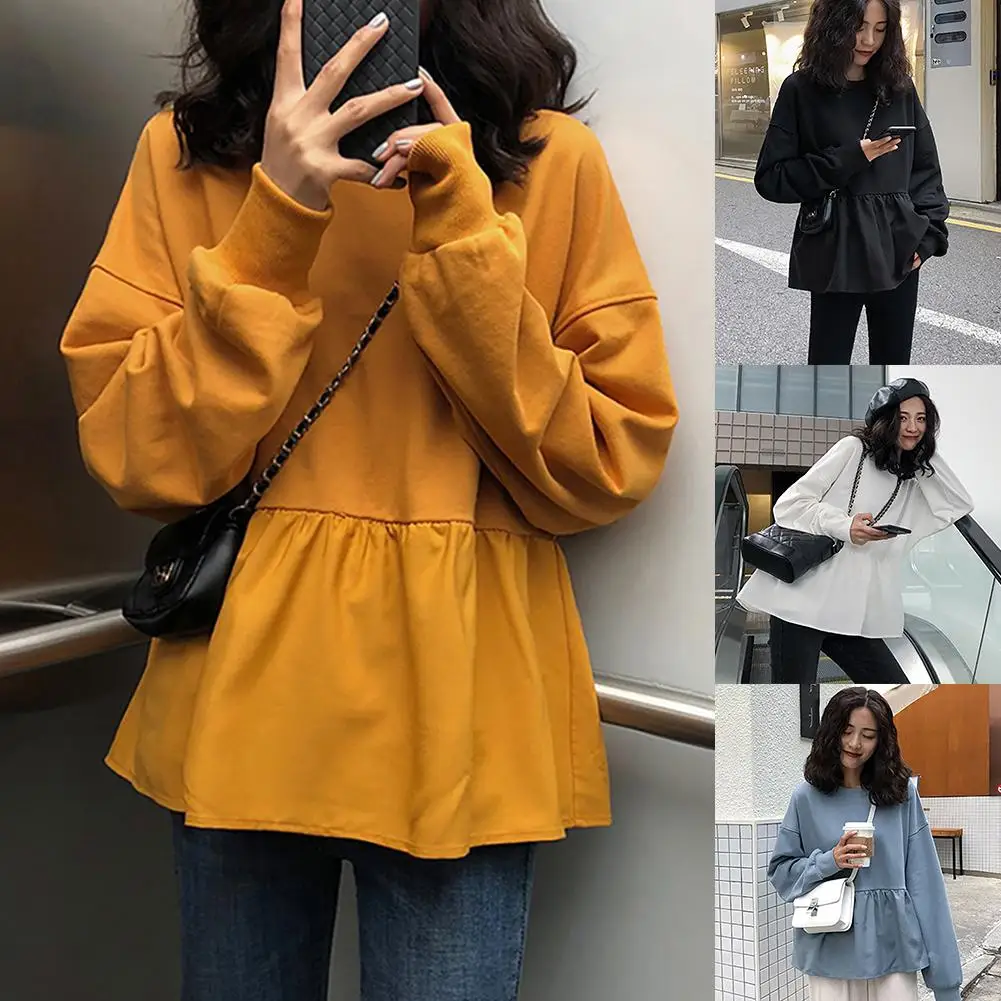 Women Solid Color Blouse Long Sleeve O Neck Large Hem Loose Sweatshirt Pullover