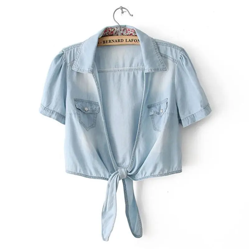 Ruoru, кимоно, джинсовая рубашка, короткий рукав, женские топы, Chemise Femme, укороченный топ, сексуальные короткие джинсы, рубашка, блузка, летние женские рубашки