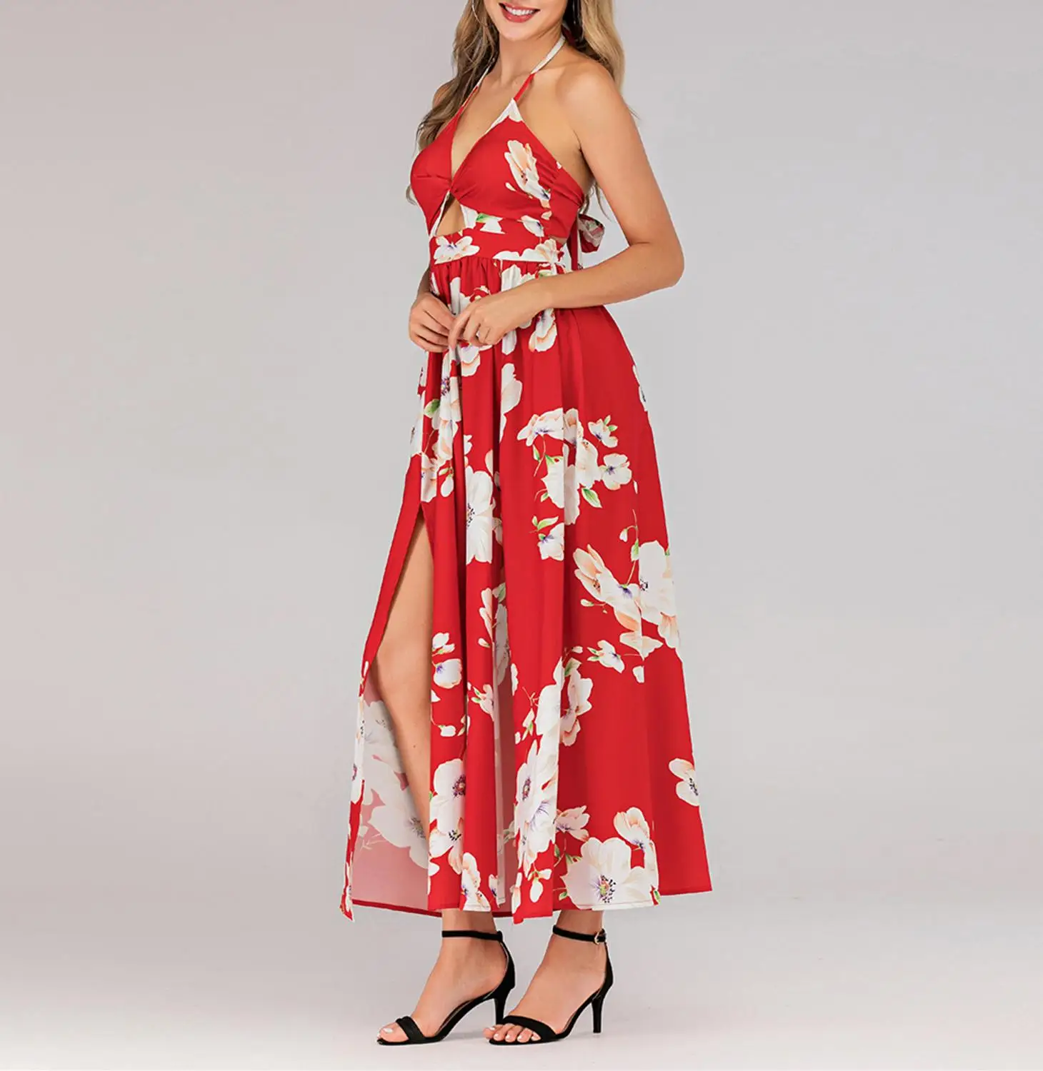 Летнее красное пляжное платье с принтом женское сексуальное длинное на