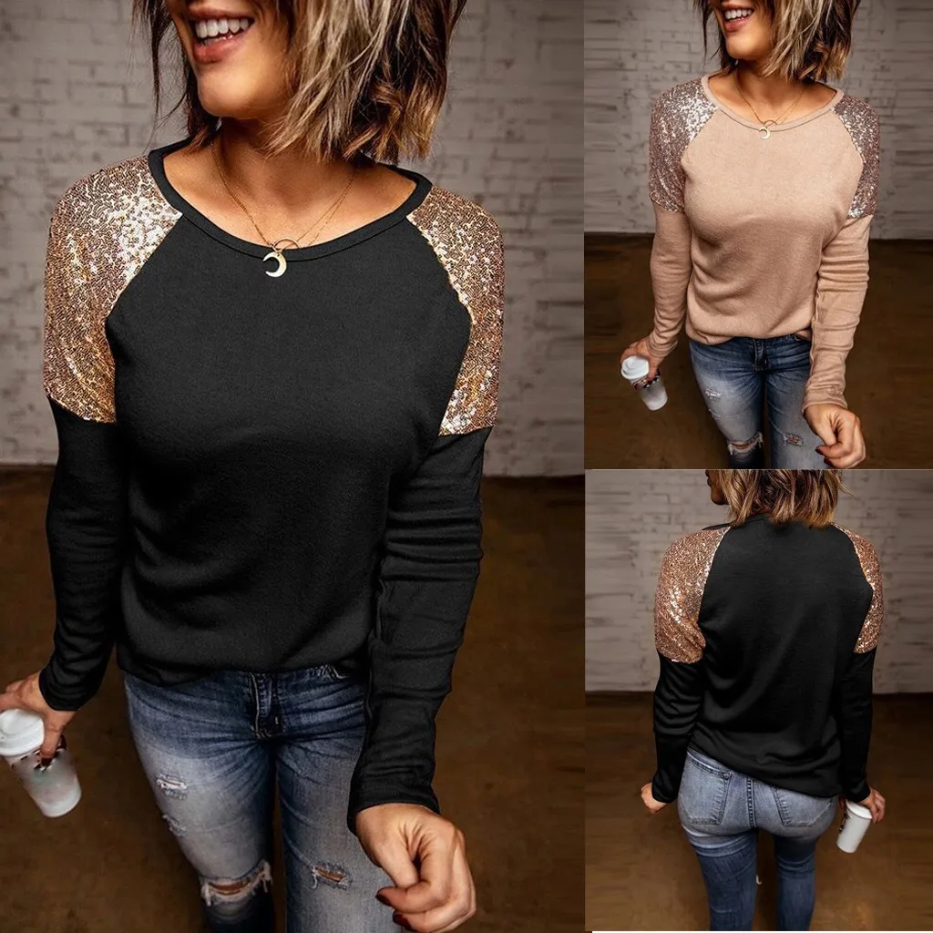 

Ladies Explosion Sequined Top Ladies Casual Sequined Pure Color Stitching Deerskin Velvet Long Sleeve Top 40*