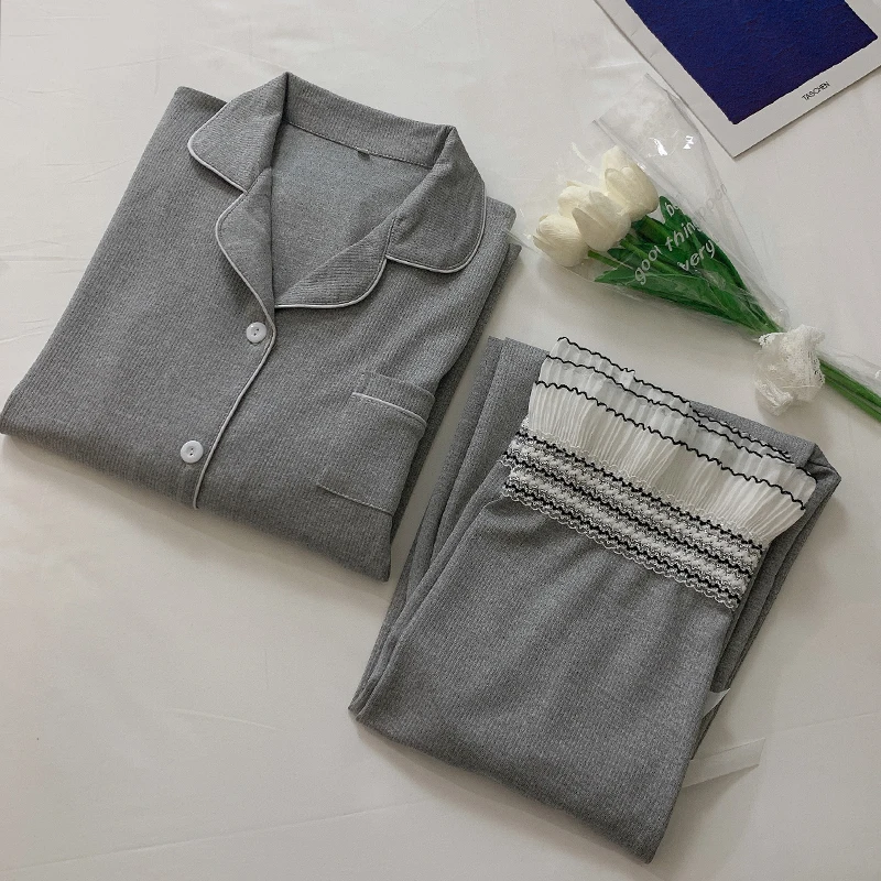 

Spring and Autumn Pajamas Women's Web Celebrity Style Long Sleeve Korean Keng Tiao Cotton Loose Korean Girls' Home Dress Set
