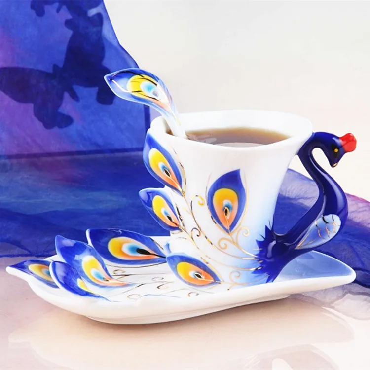 

Home Furnishings Ceramics Gifts Crafts Underglaze Enamel 3d Cups And Saucer Peacock Coffee Mug Breakfast Milk Cup And Saucer