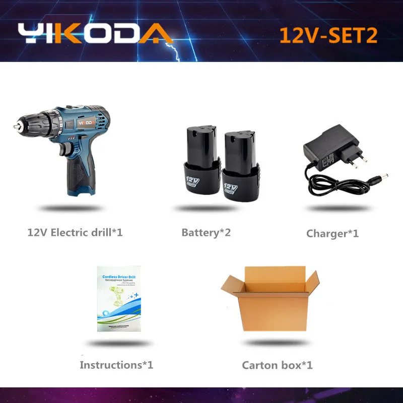 12V-SET2 YIKODA 12V электрическая дрель двойной Скорость Аккумуляторная дрель Перезаряжаемые литий Батарея Электрическая отвертка для домашнего использования, Мощность инструменты - Цвет: 12V-SET2