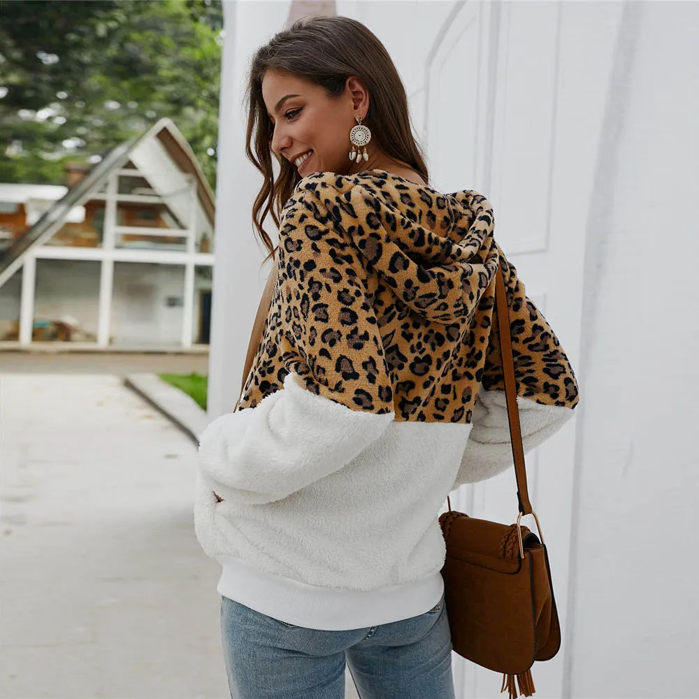 Женский флисовый свитер с леопардовым принтом кардиган на молнии капюшоном