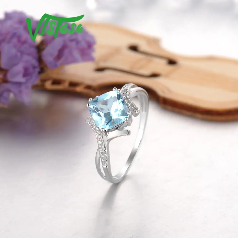 VISTOSO золотые кольца для женщин Подлинная 14K 585 кольцо из белого золота сверкающие бриллианты Небесно-Голубой Топаз Свадьба юбилей ювелирные украшения