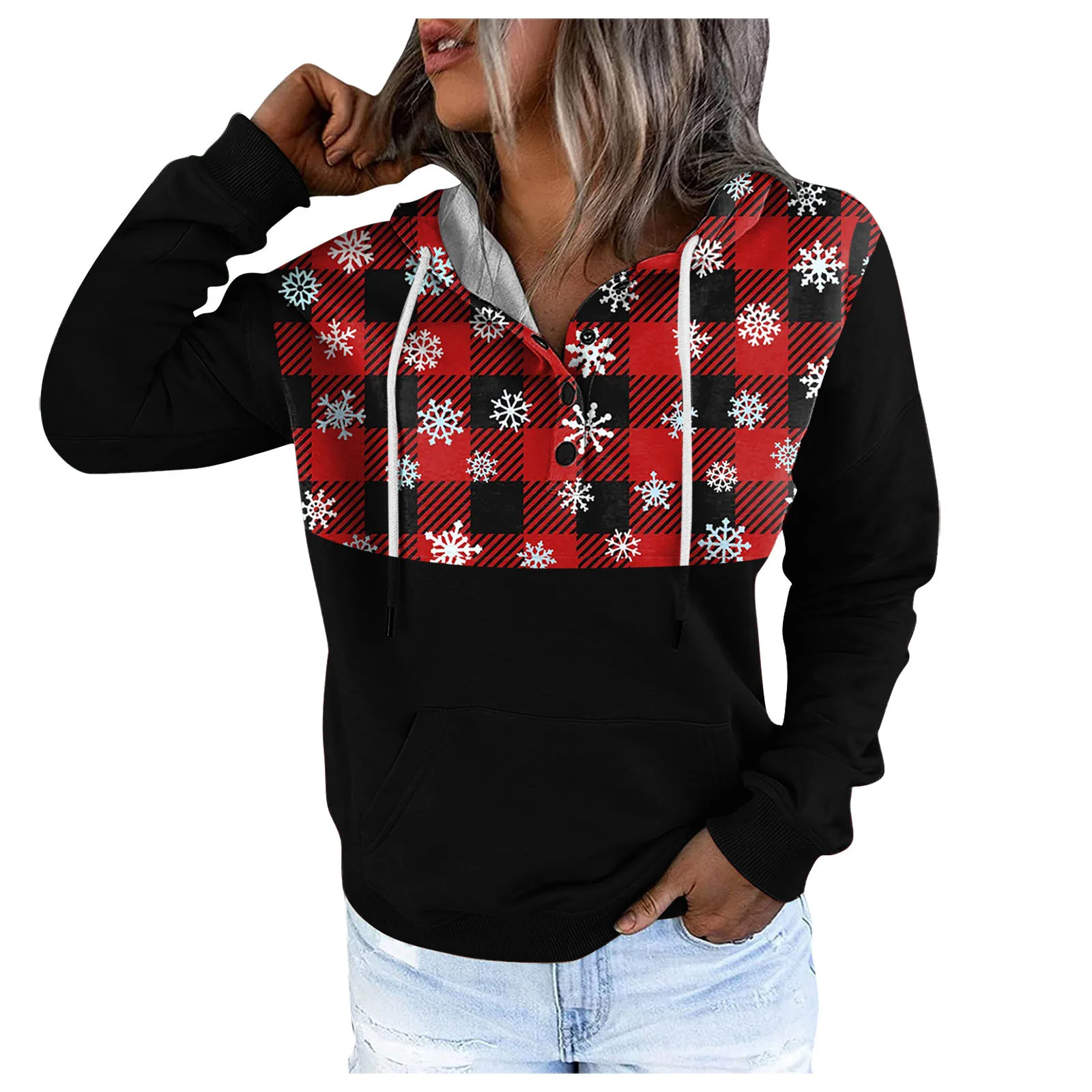 

Women Casual Drawstring Button Tops Pullover Vintage Christmas Printed Hooded Sweatshirt Loose Autumn Long Sleeve Hoodies#A
