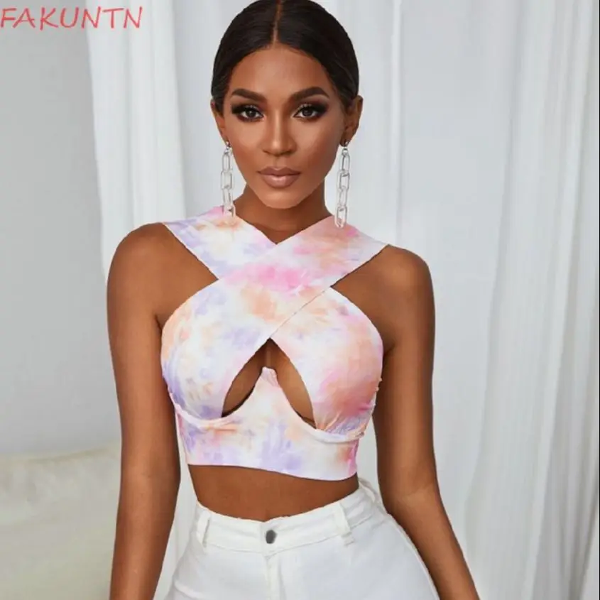 

FAKUNTN 2021 New Summer Women's Corset Top Style Sexy Short Top Vest Halter Bra Hollow Cross Black Fashion Vest Woman Clothing