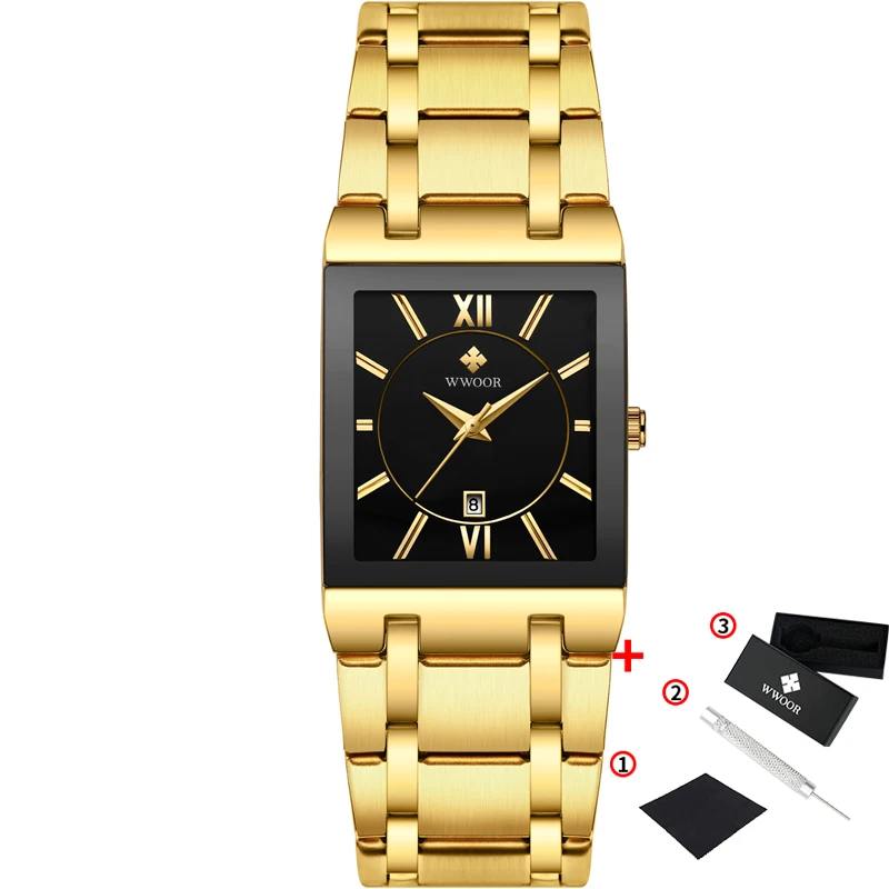 gold black WWOOR Роскошные мужские часы, Золотые Квадратные кварцевые часы для мужчин, Лидирующий бренд, часы с датой, водонепроницаемый золотой браслет, деловые мужские наручные часы - Цвет: gold black