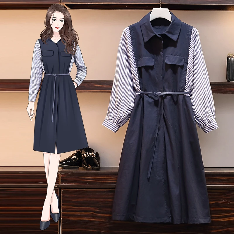 

XL-5XL Plus Size Women Elegant Cotton Shirt Dresses Spring 2021 Blue Striped Long Sleeve Patchwork Loose Midi Dress with Belt