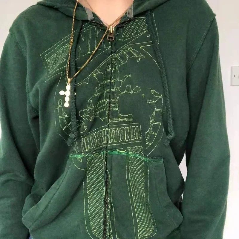 2022 New Hoodie Gothic Sweatshirt Long Sleeve Zipper Hoodie Women Harajuku Retro Street Casual Y2K Hip Hop Top