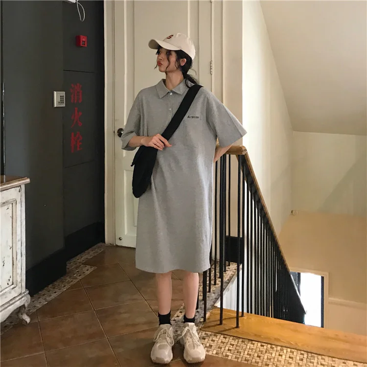 

T-shirt Dress for Women Summer 2021 New Korean Style Loose Polo Collar Small Student Mid-Length Dress Ins