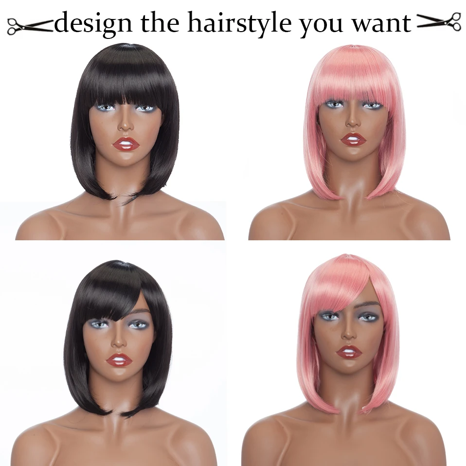

S-noilite Synthetic Straight Hair Bob Wigs 12inch Short Hair Wigs With Bangs Pink Red Blue Purple Cosplay Anime Wigs For Women
