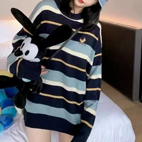 deeptown korean style striped print knitted sweater women harajuku crewneck long sleeve oversize jumper pullover female winter
