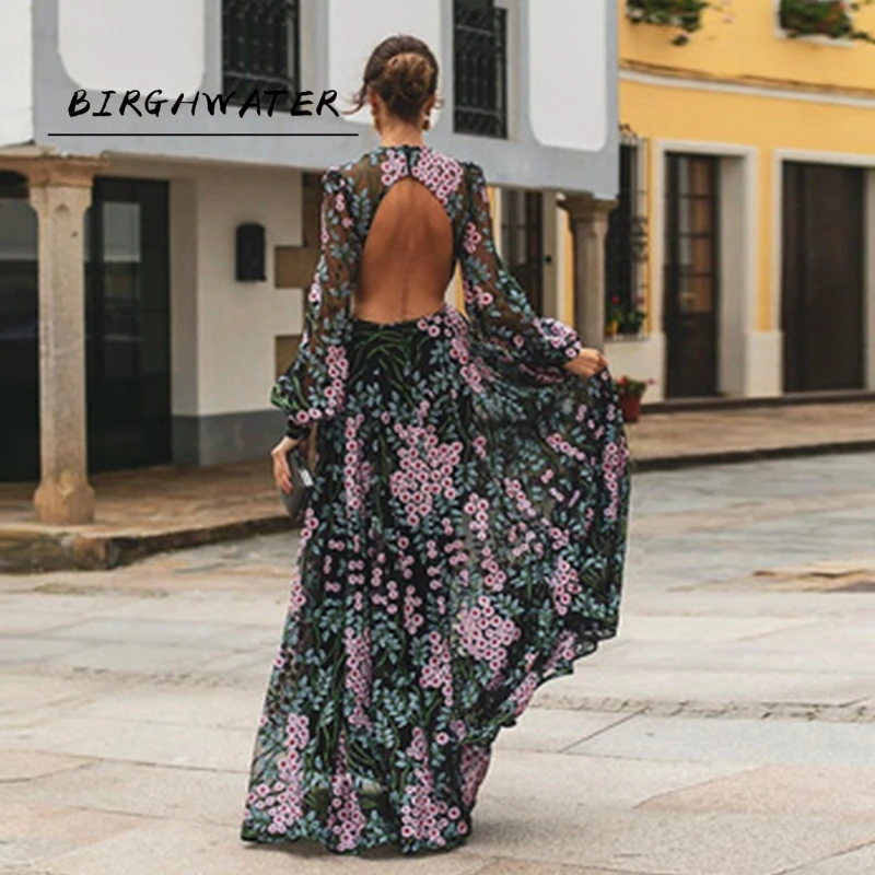 Женское Повседневное платье макси с длинным рукавом длинное открытой спиной и