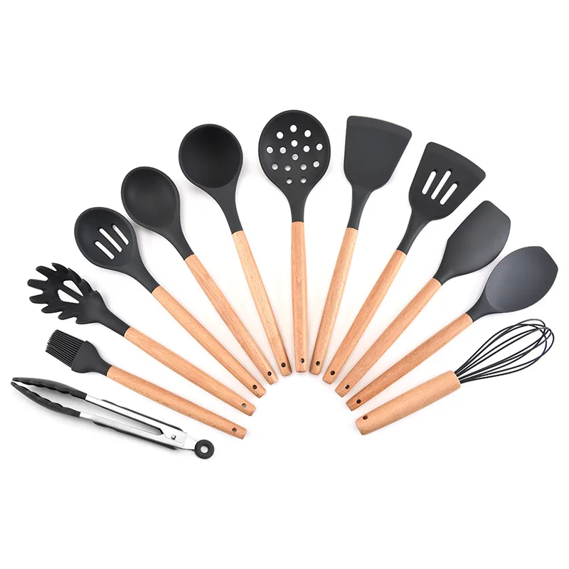 

13 pcs Silicone kitchenware set with wooden handle Non-stick cooking shovel spoon heat resistant wooden handle shovel spoon