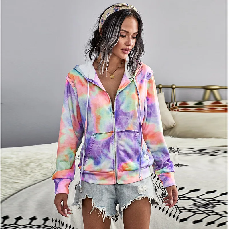

European and American Cardigan Long Sleeve Sweater Women's Tie Dyed Hooded Pocket Zipper Placket