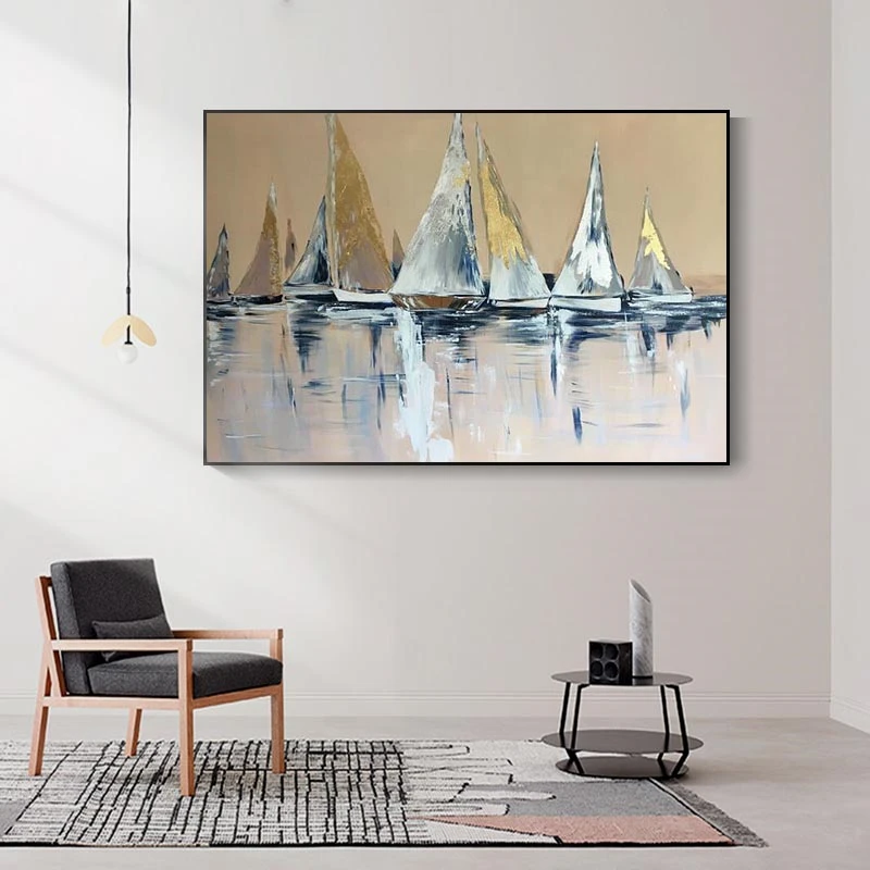 

Abstract Gold Color Sailing Canvas Paintings on the Wall Art Posters and Prints Seascape Modern Art Pictures For Living Room