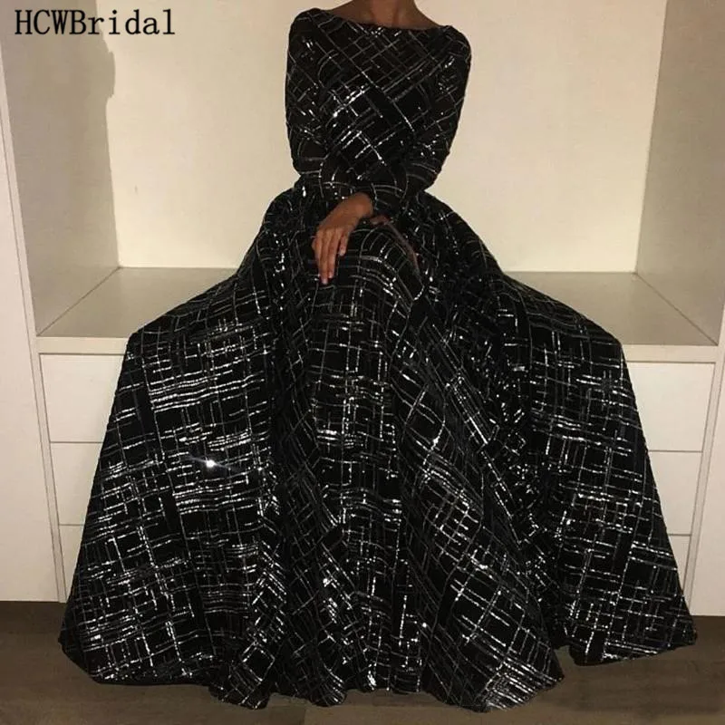 

Sparkly Black Arabic Evening Dress Long Sleeves A Line Elegant Long Formal Dresses Party Custom Made Robe De Soiree Abendkleider