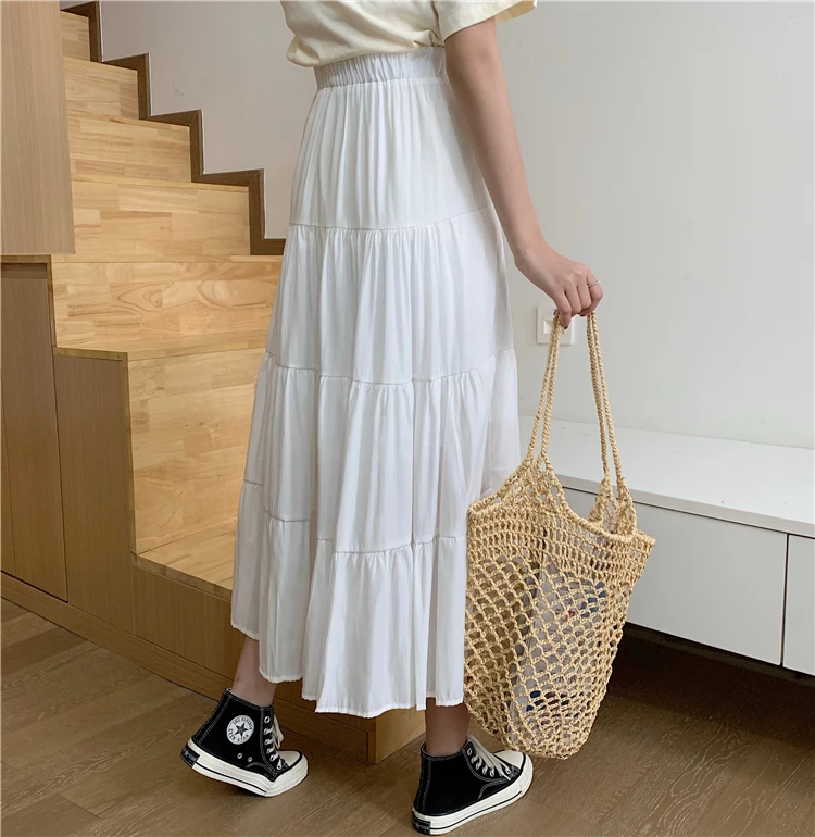 satin skirt Spring Summer Women Chiffon Skirts Vintage High Waist Elastic Patchwork White Black Chic Long Cake A-line Skirt for Student mini skirt