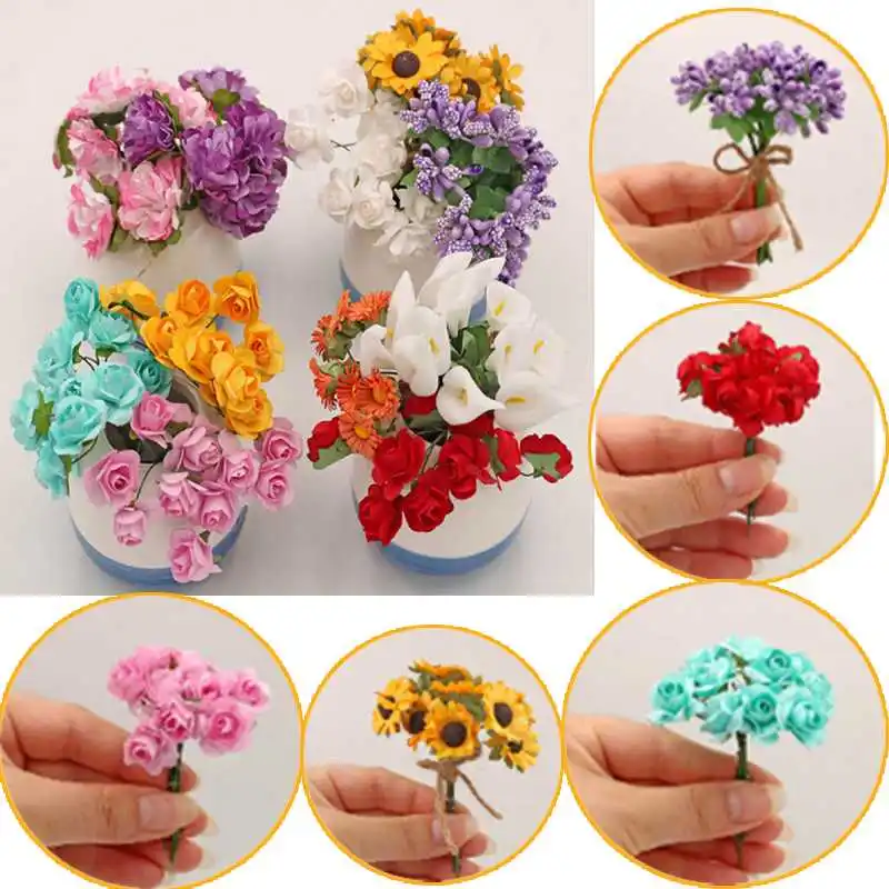 

Handmade Bouquet Artificial Flowers For Doll House Fake Purple Lavender Carnation Rose Sunflower Calla lily Doll Decor 10 Styles