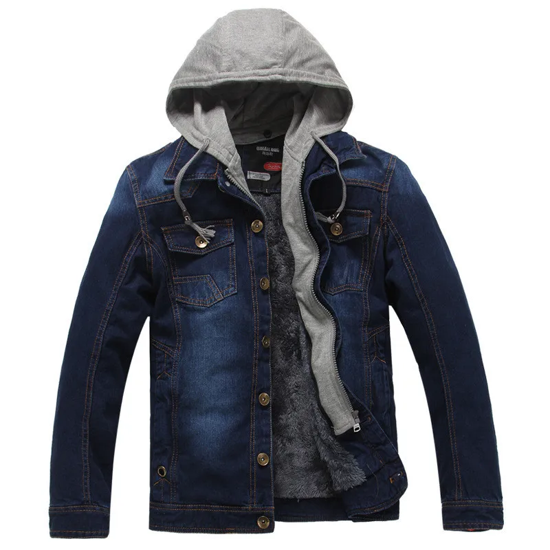 

Winter Denim Jacket Wool Liner Fleece Thick Warm Vintage Jeans Coat Men Hooded Collar Motorcycle Jacket Men Chaquetas Hombre