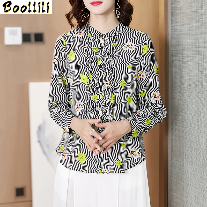 Boollili Real Silk Shirt Womens Tops and Blouses Print Women Blouse Spring Autumn Korean Office Lady Clothing Blusas 2020