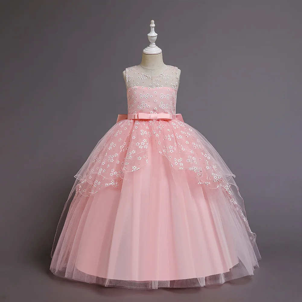 

2021 spring and summer flower children's dress Princess Girls waist high end sleeveless children's long wedding dress skirt peng